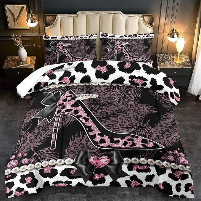Superior Sexy High Heels Leopard Print Comforter Set King GirlsRed Cheetah Print Bedding Set Women High Heels Leopard Comforter Animal Quilt Bedroom Decor Cheetah Bedding Bed Decor Recyclable