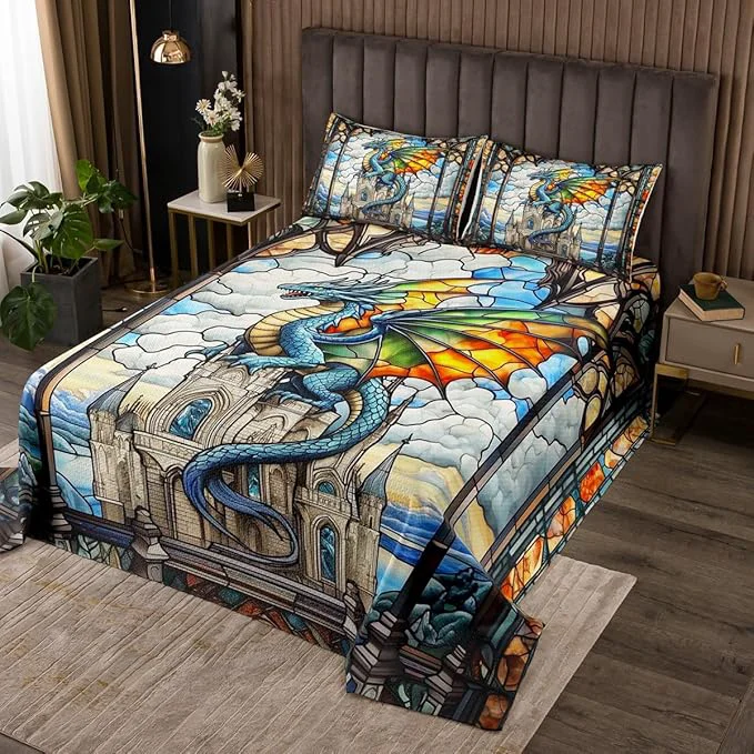 Trendy Western Dragon Kids Bedspread King Size Tale Castle Cloud Glass Dragon Coverlet Set Boys Girls Room Decor Geometric Patchwork Natural View Quilted Coverlet Blue Retro Bedding Quilt 2 Pillowcases Premium Material