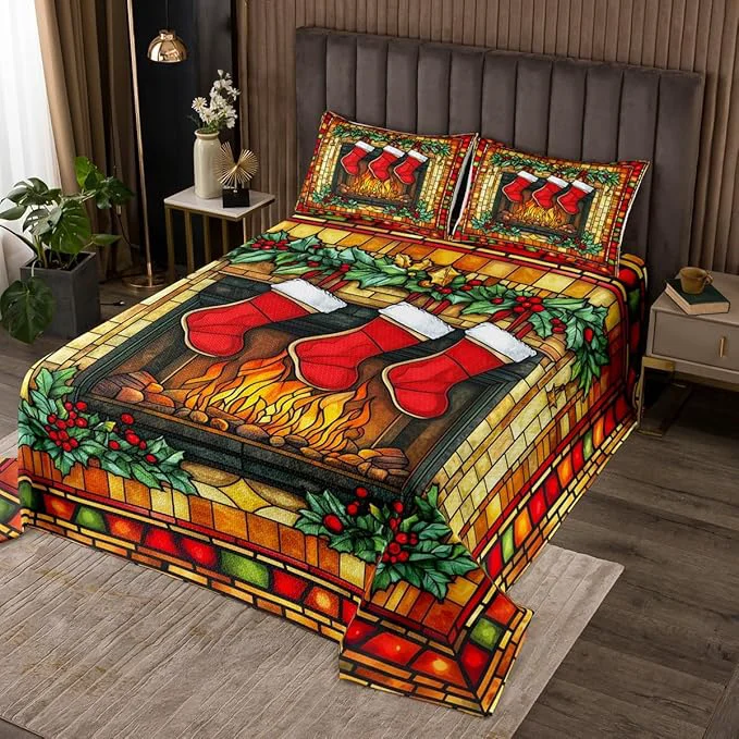 Versatile Christmas Stocking Kids Bedspread Twin Size Merry Christmas Poinsettia Flower Rustic Cabin Coverlet Set Boys Girls Room Decor Geometric Plaid Quilted Coverlet Red Xmas Bedding Quilt 1 Pillowcase Professional