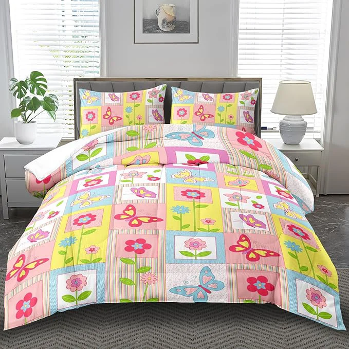 Smart Pink Butterfly Kids Comforter Set Queen Girls Floral Bedding Set Girls Pink Grid Comforter Kids Quilt Bedroom Decor White Purple Blue Pink Butterfly Bedding Bed Decor Convenient