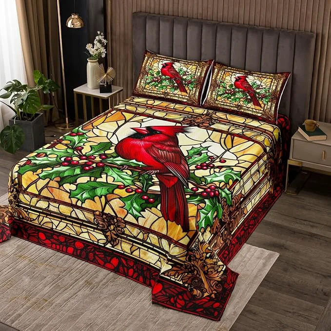 Breathable Manfei Christmas Cardinal Kids Bedspread Twin Size Red Bird Poinsettia Flower Merry Christmas Coverlet Set Boys Girls Room Decor Glass Paint Geometric Quilted Coverlet Xmas Bedding Quilt 1 Pillowcase Authentic