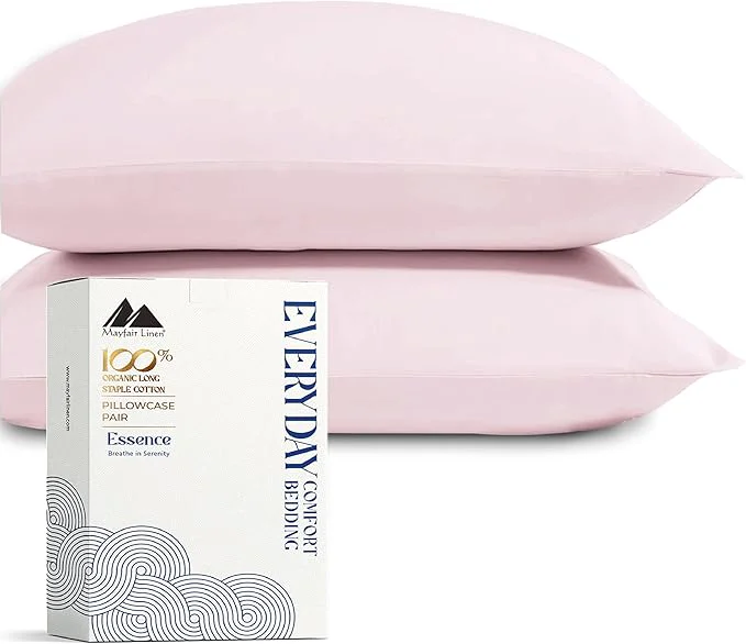 Secure Mayfair Linen Organic Cotton King Size Pillow Cases Set of 2 – Soft Hotel Quality Covers for King Size Pillows Blush GOTS Crisp Cooling Percale Weave Cotton Pillowcases Artisan