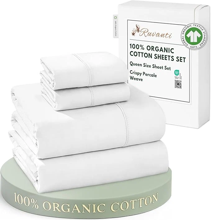 Convenient RUVANTI Organic Cotton Sheets Queen Size Percale Weave GOTS 4-Piece Set Deep Pocket 15 quot Crisp amp Breathable Soft Durable Bedding Sábanas Algodón Orgánico – Bright White Exceptional