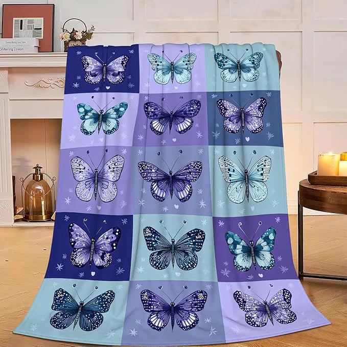 Top-Quality Butterfly Blanket Super Soft Warm Fluffy Fleece Flannel Blue Purple Throw Blanket Cozy Fuzzy Plush Stuff Bedding Blankets Gifts for Women Kids Boys Girls Adults 50 quot X40 quot High-Grade