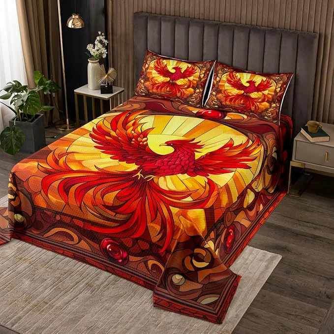 Relaxed Flying Phoenix Kids Bedspread King Size American Phenix Western Birds Coverlet Set Boys Girls Room Decor Geometric Abstract Patchwork Quilted Coverlet Red Brown Retro Bedding Quilt 2 Pillowcases Stylish