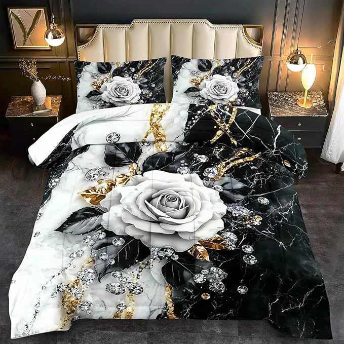 Fine Crafted Marble Floral Comforter Set for King Bed Women Vintage Flower Bedding Set King White and Black Comforter Rose Quilt for Girls Rose Bedding Floral Bedroom Decor Adults Convenient