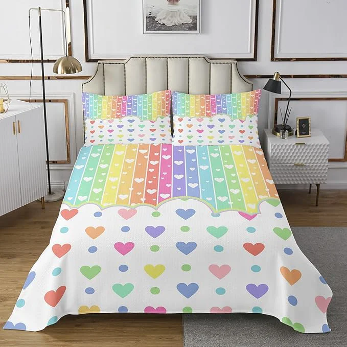 Proven Manfei Cartoon Rainbow Kids Bedspread King Size Wave Points Love Heart Dreamy Style Coverlet Set Girls Women Room Decor Colorful Geometric Stripes Quilted Coverlet Chic Bedding Quilt 2 Pillowcases Consistent