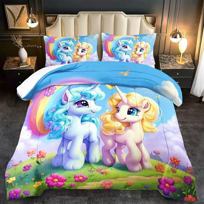 Official Unicorn Comforter Set Queen Kawaii Unicorn Bedding Set Queen Kids Rainbow Comforter Blue Bedroom Decor Cute Animal Bedding Rainbow Bed Decor for Girls Cartoon Blue Floral Quilt Next-Generation