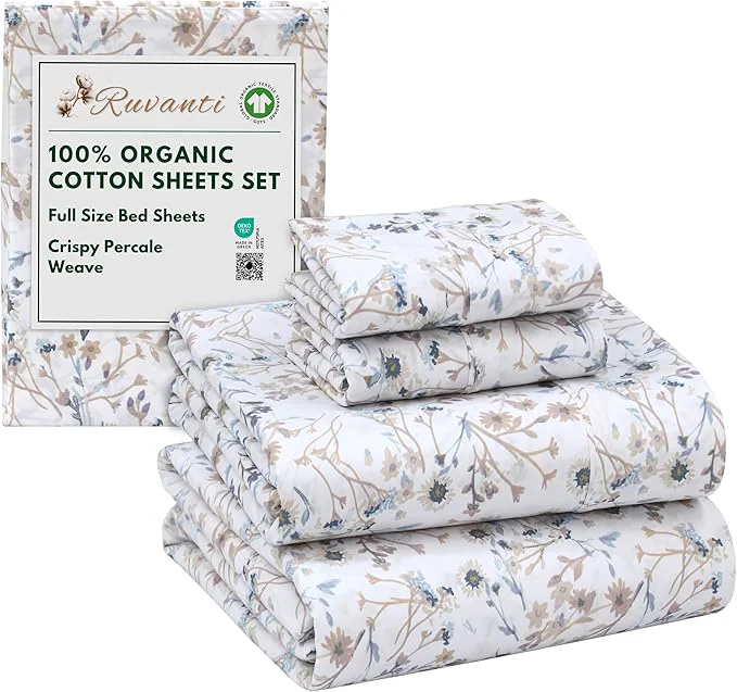 Crafted RUVANTI Organic Cotton Sheets Full Size Percale Weave GOTS 4-Piece Set Deep Pocket 15 quot Crisp amp Breathable Soft Durable Bedding Sábanas Algodón Orgánico – Tranquil Fine Crafted