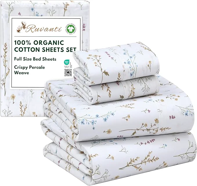 Effective RUVANTI Organic Cotton Sheets Full Size Percale Weave GOTS 4-Piece Set Deep Pocket 15 quot Crisp amp Breathable Soft Durable Bedding Sábanas Algodón Orgánico – Field Flower Original Design