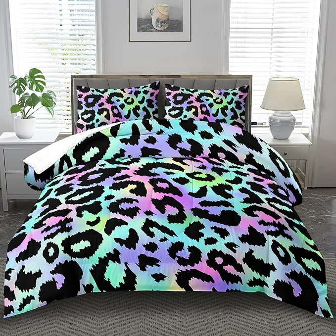 Premium Rainbow Leopard Print Comforter Set King Girls Colorful Cheetah Comforter King Animal Leopard Print Bedding Set Women Purple Cheetah Bedding Quilt Bedroom Decor Prestigious