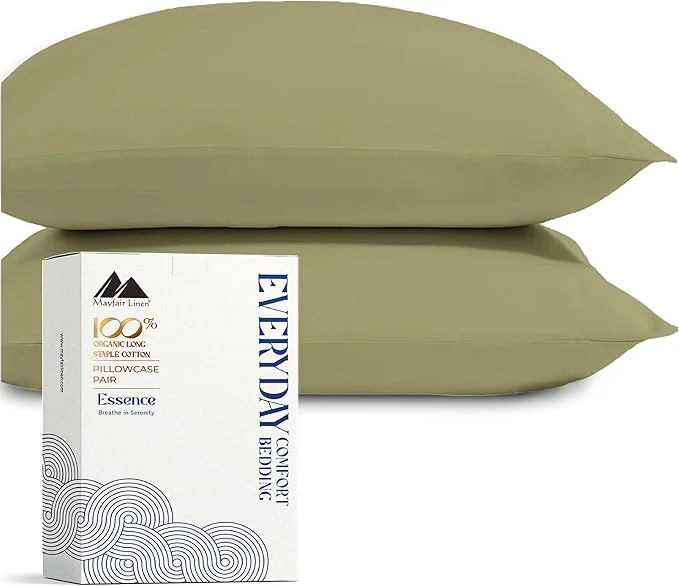 Excellent Mayfair Linen Organic Cotton Percale Pillow Cases Queen Standard Size Set of 2 – Percale Pillowcovers Standard Queen Sage Green Soft Cooling Pillow Case for Sleeping Cotton Pillowcases World-Class