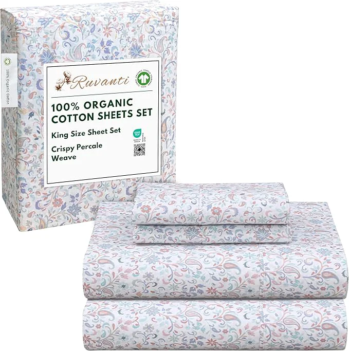 Exceptional RUVANTI Organic Cotton Sheets King Size Percale Weave GOTS 4-Piece Set Deep Pocket 15 quot Crisp amp Breathable Soft Durable Bedding Sábanas Algodón Orgánico – Multi Paisley Premium Material
