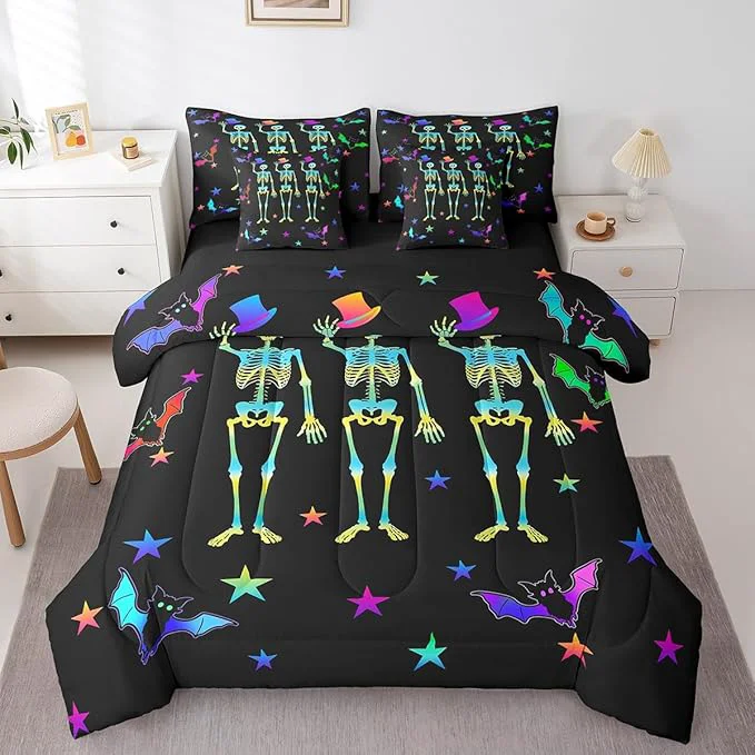 Modern Erosebridal Sugar Skull Bed in a Bag King Size Comforter Set 7 Pieces Gothic Skeleton Halloween Decor Bedding Sets Galaxy Stars Sheet Set with Comforter Comfortable