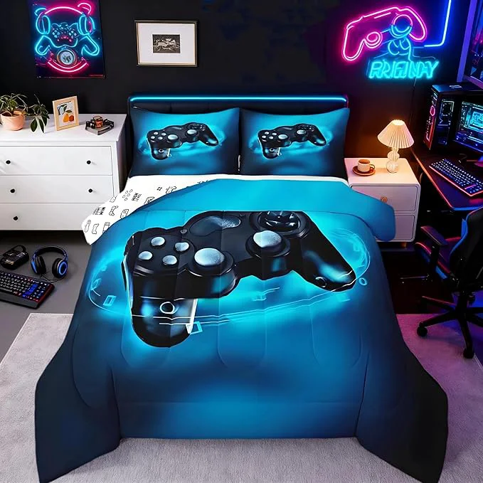 Trendy Feelyou Gaming Bedding Set for Boys Gamer Comforter Set for Teens Kids Gamer Room Decor Blue Video Games Comforter Duvet Set King Size Gamepad Quilted All Season 1 Comforter with 2 Pillow Cases Crafted