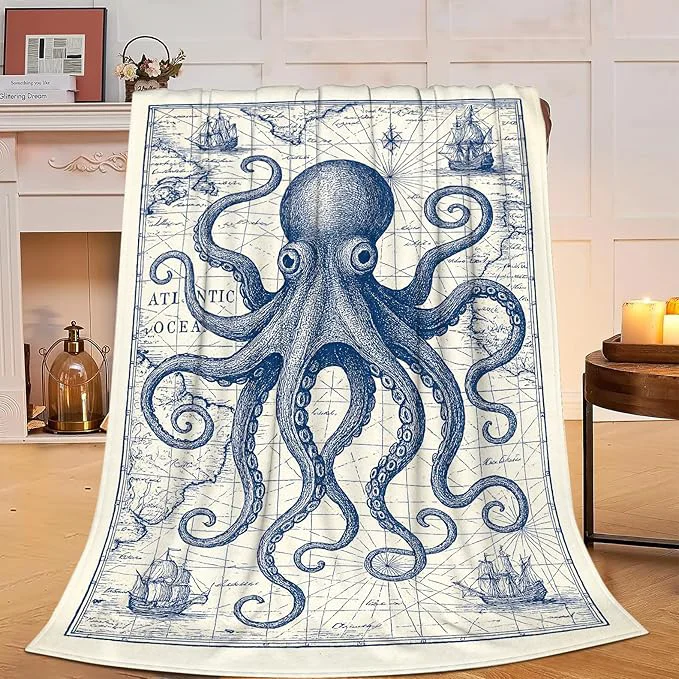 Sustainable Nautical Octopus Blanket Super Soft Warm Fluffy Fleece Flannel Sea Animal Throw Blanket Cozy Fuzzy Plush Stuff Bedding Sealife Blankets Gifts for Women Kids Boys Girls Adults 50 quot X40 quot Top-Quality