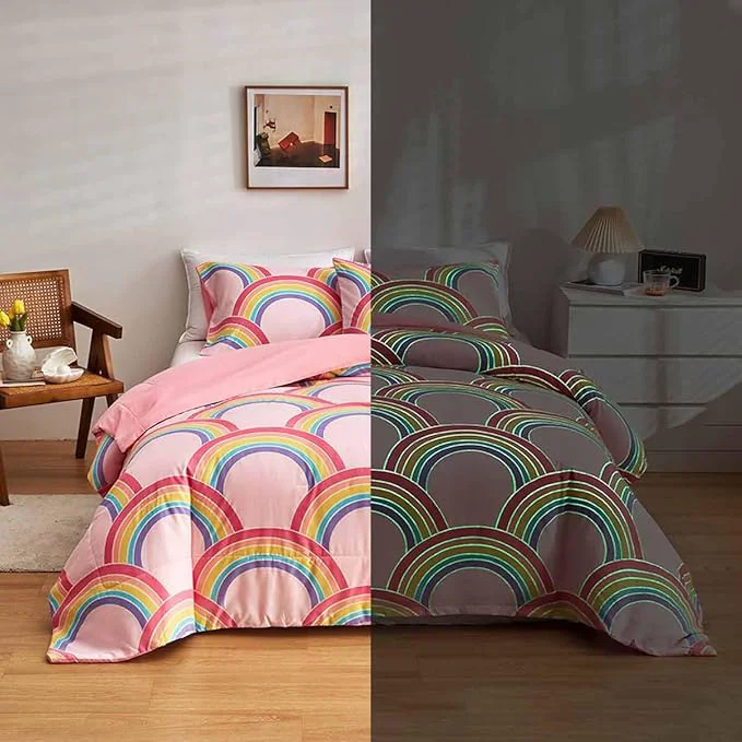 High-Grade Feelyou Rainbow Glow in The Dark Comforter Set for Girls Kids Queen Pink Rainbow Bedding Set Super Soft Colorful Stripe Mermaid Scales Comforter Baby Girl Bedroom Pink Decor Bedding Quilted Duvet Innovative