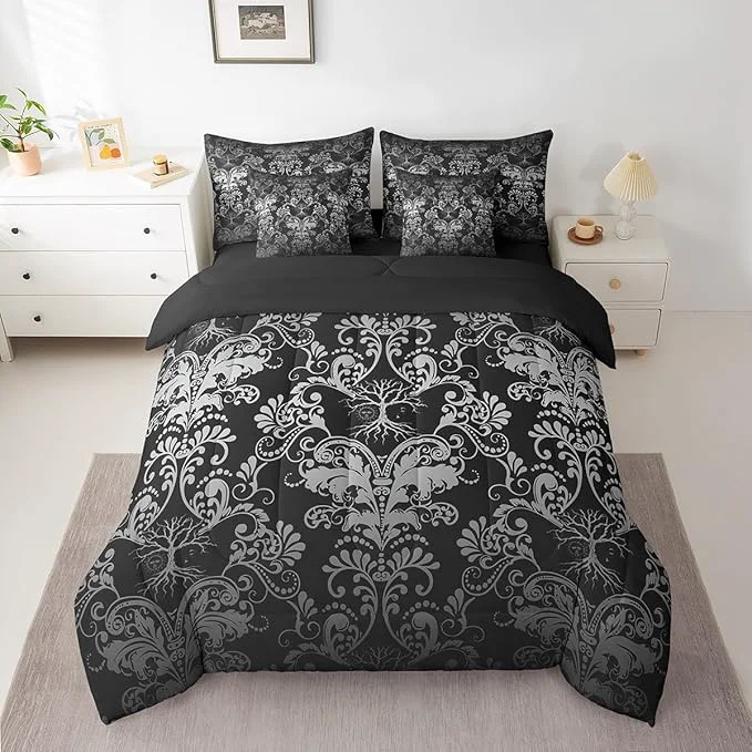 Recyclable Erosebridal Gothic Damask Bed in a Bag King Size Comforter Set 7 Pieces Sun Moon Tree of Life Bedding Sets White Black Victorian Floral Goth Sheet Set with Comforter Enhanced