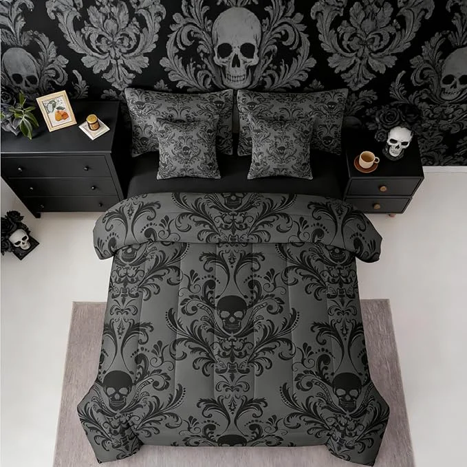 Fast Erosebridal Gothic Damask Comforter Set 7 Piece Bed in a Bag Twin Sugar Skull Bedding Sets Black Grey Victorian Floral Goth Sheet Set with Comforter User-Friendly