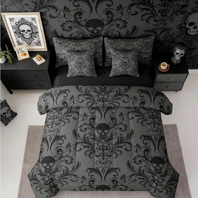 Comfortable Erosebridal Gothic Damask Bed in a Bag Queen Comforter Set 7 Piece Sugar Skull Bedding Sets Black Grey Victorian Floral Goth Sheet Set with Comforter Clean