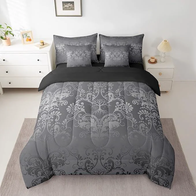 Refined Erosebridal Gothic Damask Bed in a Bag King Size Comforter Set 7 Pieces Sun Moon Tree of Life Bedding Sets Silver Gray Victorian Floral Goth Sheet Set with Comforter Optimized