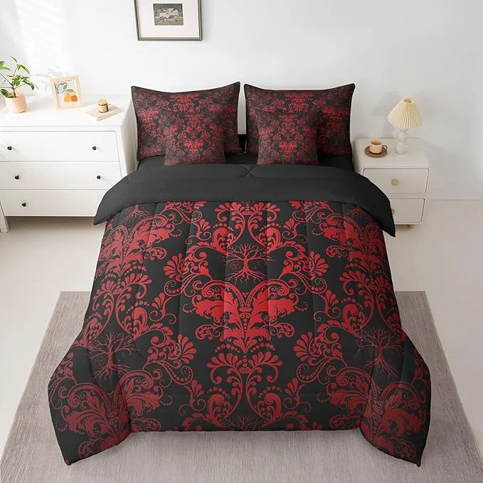 Crafted Erosebridal Gothic Damask 7 Piece Comforter Set Full Bed in a Bag Sun Moon Tree of Life Bedding Sets Red Black Victorian Floral Goth Sheet Set with Comforter Traditional