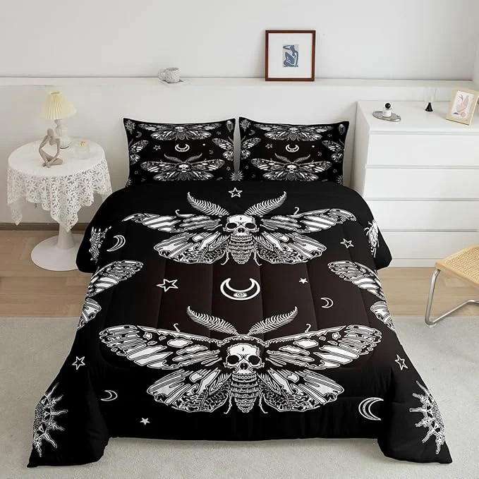 Traditional Boys Boho Moth Comforter Set Queen Size Men Gothic Skull Bedding Set for Girls Women Bedroom Decor Bohemian Moon Star Comforter Personalized Moth Skull Skeleton Bones Duvet Set Teens Quilt Set Comfortable