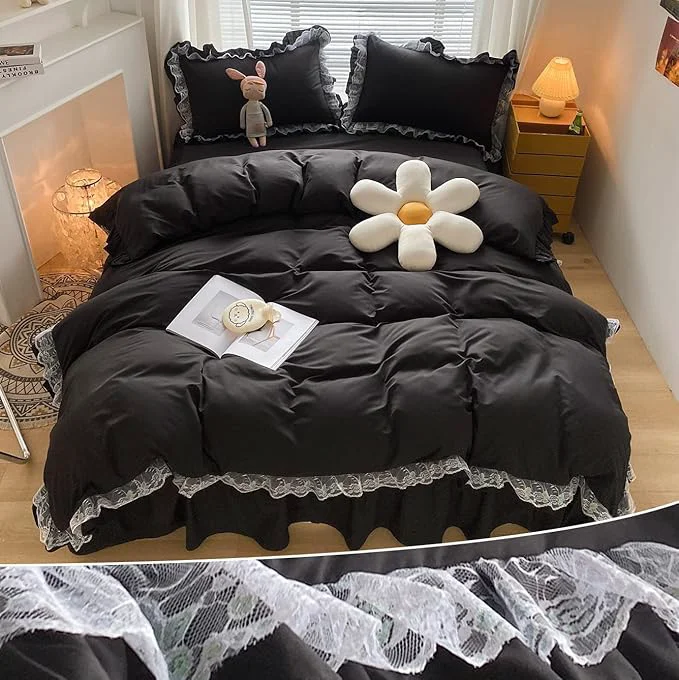 Soft MOOWOO Ruffle Duvet Cover Full Size – Cute Girl Lace Bedding Includes 1 Duvet Cover 90×90 Inches with Zipper Closure amp 2 Pillow Shams No Comforter – Black Full Next-Generation