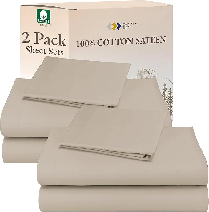 Smart California Design Den Cotton 2-Pack Twin XL Sheet Sets Soft amp Durable Extra Long Twin Sheet Sets with 12 quot Pockets Twin XL Sheets with Sateen Sheets – Beige Warm Taupe Prestigious