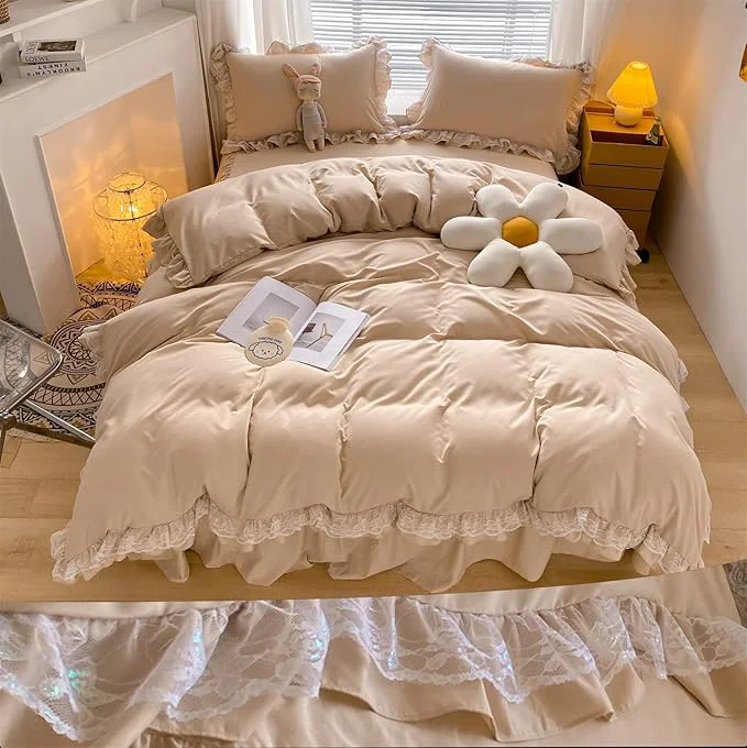Green MOOWOO Chic Ruffle Lace Polyester Duvet Cover Set -Girl Champagne Bedding-3 Piece Full Duvet Cover with Zipper Closure -Ultra Soft and Light Weight Champagne Full High-Grade