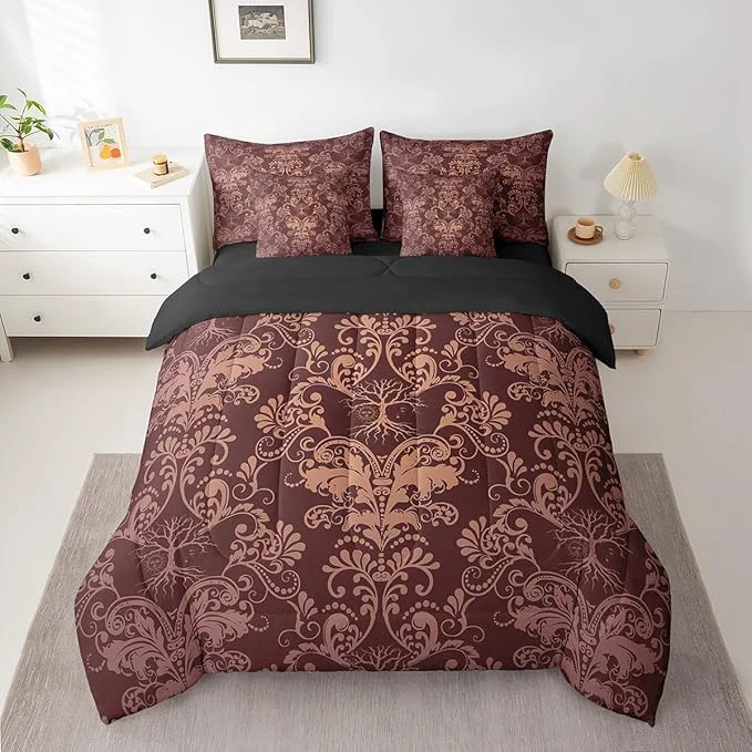 High-Quality Erosebridal Gothic Damask Bed in a Bag King Size Comforter Set 7 Pieces Sun Moon Tree of Life Bedding Sets Brown Victorian Floral Goth Sheet Set with Comforter Optimized