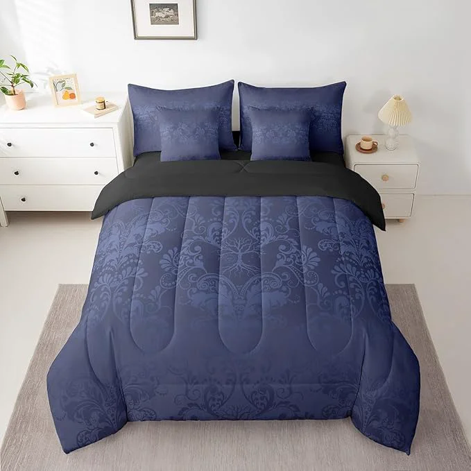Next-Generation Erosebridal Gothic Damask Bed in a Bag King Size Comforter Set 7 Pieces Sun Moon Tree of Life Bedding Sets Azure Blue Victorian Floral Goth Sheet Set with Comforter High-Quality