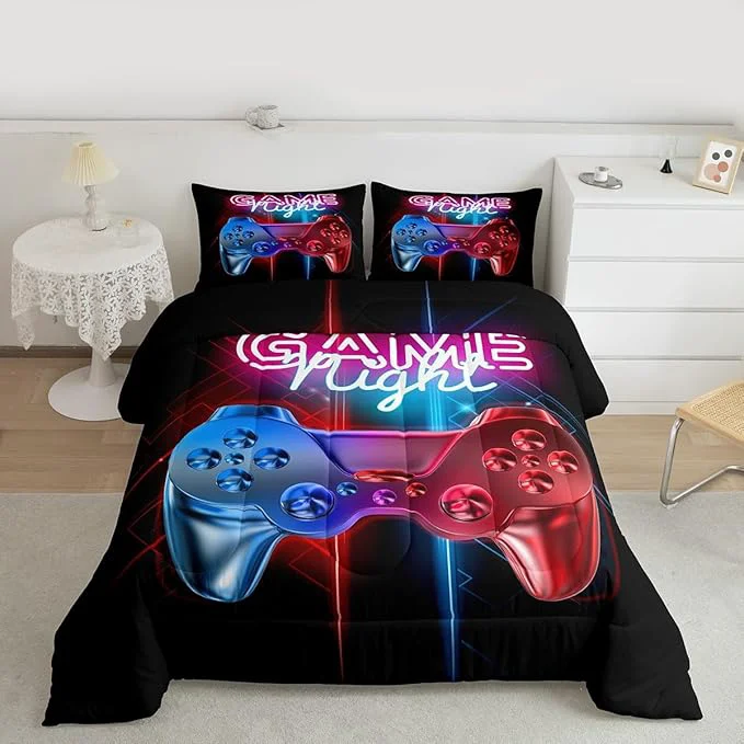 Prestigious Boys Gaming Comforter Set Full Size Teens Gamer Bedding Set Modern Blue Red Video Game Controller Comforter for Kids Children Youth Bedroom Decor Multi-Color Gamer Console Action Buttons Duvet Set High-Grade
