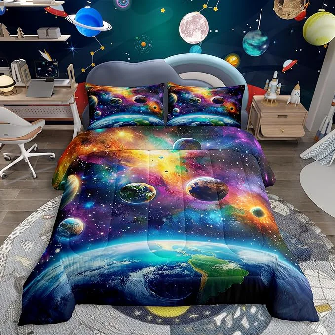 Outstanding Feelyou Universe Galaxy Comforter Set Twin Size Kids Planets Earth Bedding Set Boy Girl Teen Solar System Comforter Breathable Outer Space Duvet Set Nebula Quilt Set Convenient