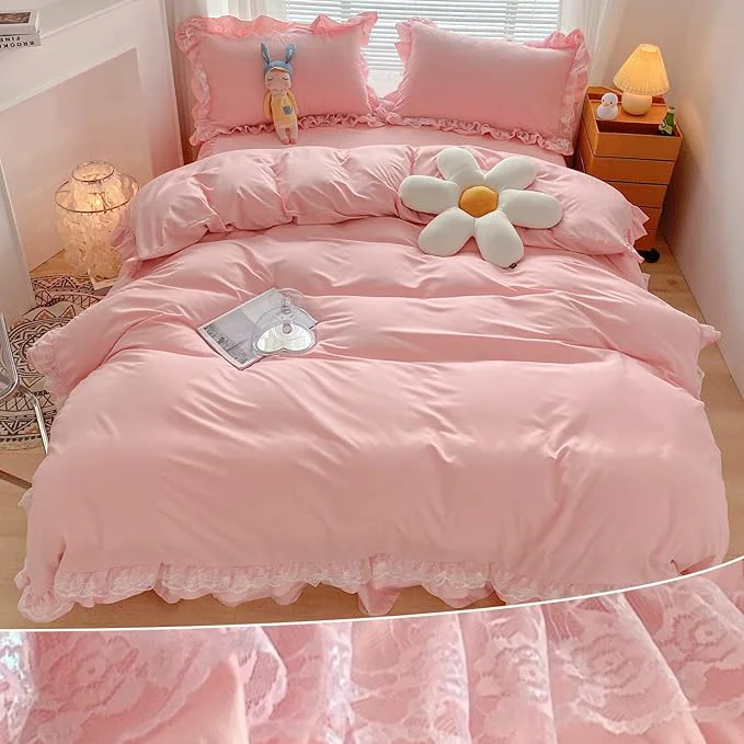 Detailed MOOWOO Chic Ruffle Lace Polyester Duvet Cover Set -Girl Pink Bedding-3 Piece Queen Duvet Cover with Zipper Closure -Ultra Soft and Light Weight Pink Queen Consistent