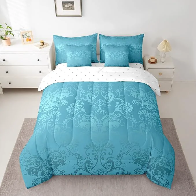 Prestigious Erosebridal Gothic Damask Bed in a Bag King Size Comforter Set 7 Pieces Sun Moon Tree of Life Bedding Sets Teal Victorian Floral Goth Sheet Set with Comforter Traditional
