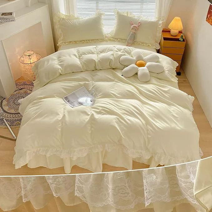 Consistent MOOWOO Chic Ruffle Lace Polyester Duvet Cover Set -Girl Yellow Bedding-3 Piece Queen Duvet Cover with Zipper Closure -Ultra Soft and Light Weight Light Yellow Queen User-Friendly