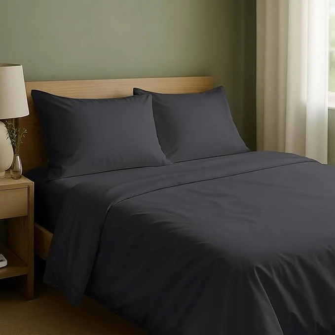 Eco-Friendly California Design Den Queen Sheet Set – Natural Cotton Sheets Queen Size Bed Set with Deep Pockets Soft Sateen Weave Breathable and Durable Bedding Dark Grey Black Tone Elite