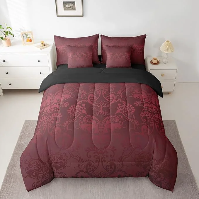 Eco-Friendly Erosebridal Gothic Damask Bed in a Bag King Size Comforter Set 7 Pieces Sun Moon Tree of Life Bedding Sets Red Victorian Floral Goth Sheet Set with Comforter Relaxed