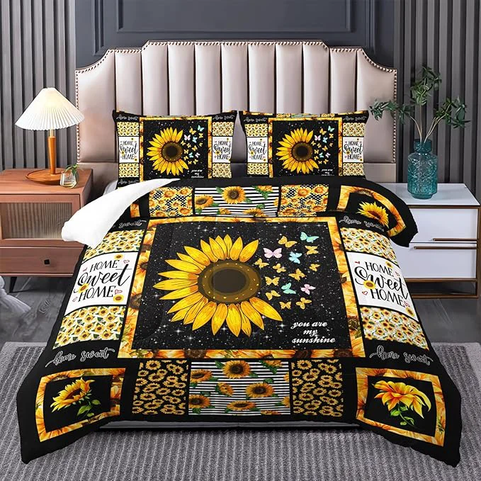 Carefully Designed Sunflower Queen Bedding Set Yellow Comforter for Girls and Teen Boys Western Boho Quilt Natural