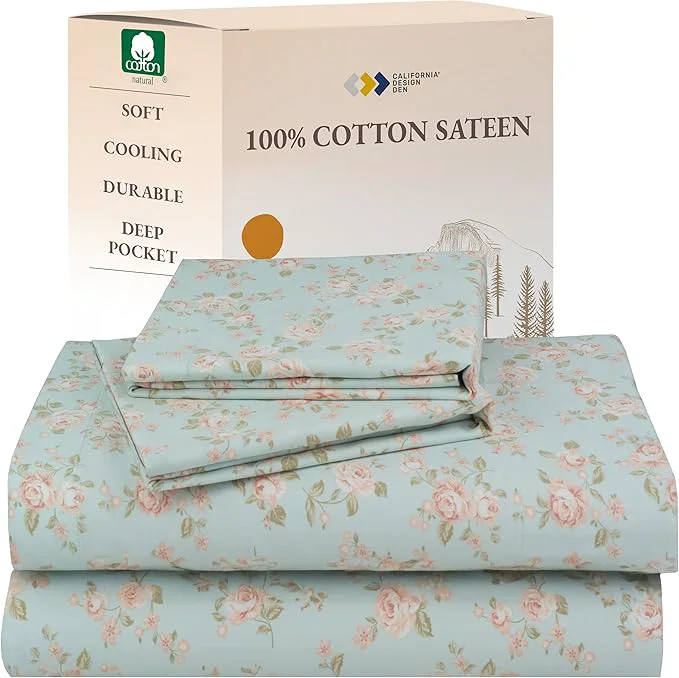 Premium California Design Den Printed Pattern Rose Queen Sheet Set Cotton Sateen Deep Pocket Queen Sheets amp Pillowcase Set – Vintage Rose Verified