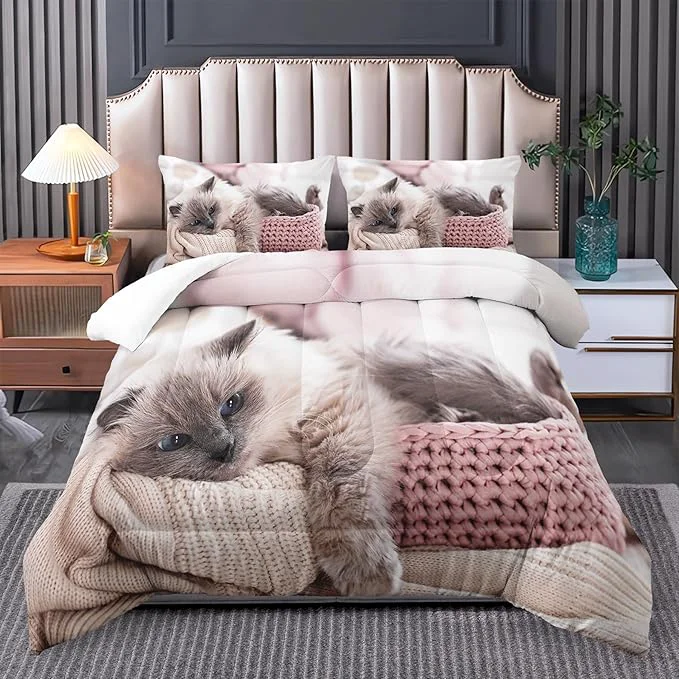 First-Class Queen Cat Comforter Set for Girls Kawaii Queen Size Bedding Cute Comforter Set for Teen Girls Cat Room Decor Secure