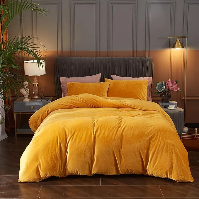 Excellent Ivellow Velvet Flannel Duvet Cover King Size Gold Comforter Cover Set Ultra Soft Breathable Cozy Velour Solid Luxury Bedding Set Zipper Closure Corner Ties Versatile