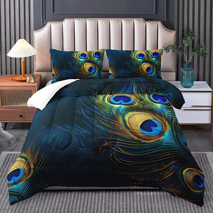 Practical peacock feather bedding sets King boho King comforter set for girls bohemian bedding King comforter set gothic bedding decor comforter western boho hippie King animal print black comforter set Stylish