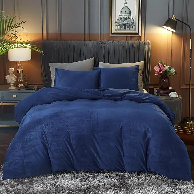 Superior Ivellow Velvet Duvet Cover Queen Size 3 Pcs Flannel Navy Blue Duvet Cover Queen Velvet Comforter Cover Bedding Set Ultra Soft Cozy Solid Luxury Velour Duvet Cover Set Zipper Closure Corner Ties Sophisticated