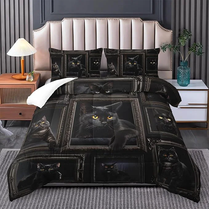 Eco-Friendly Black Cat Comforter Set for Girls – Kawaii Full Size Bedding Cute Teen Room Decor Stylish