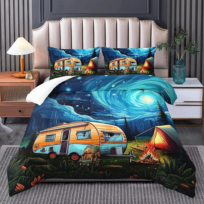 Functional Short Full Quilt Bedding Set for RV Camper – Camping Theme Comforter Set Vintage Rustic Farmhouse Boho Travel-Inspired Design Relaxed
