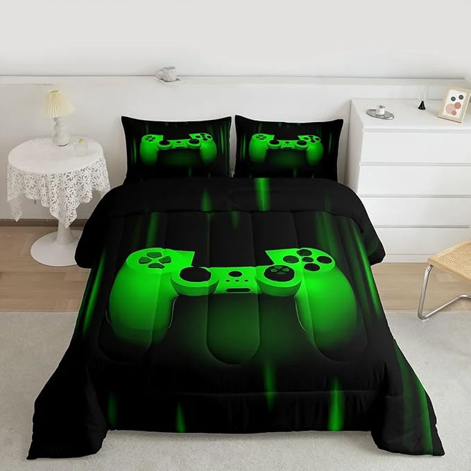 Prestigious Feelyou Boys Gamer Comforter Set Full Size Bedding Set for Kids Gaming Comforter Green Black Video Games Gamepad Room Decor for Teens Child Super Soft Geometric Duvet Quilted Son Grandson Gift High-End