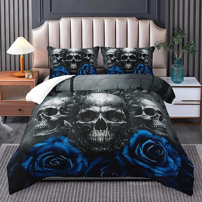 Casual Gothic Queen Size Bedding Set – Skull amp Rose Comforter Black amp Blue Quilt Crafted
