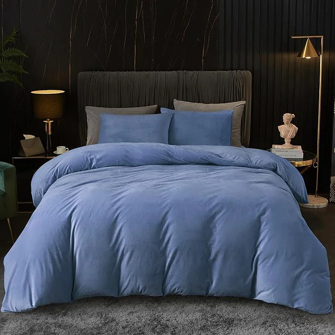 First-Class Ivellow Velvet Duvet Cover Queen Set Blue Comforter Cover 3Pcs Ultra Soft Cover Breathable Solid Luxury Flannel Velour Duvet Cover Zipper Closure Corner Tie Clean